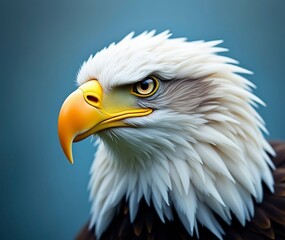 Fototapeta premium A highly detailed, close-up portrait of a majestic bald eagle's face, capturing its piercing gaze, sharp yellow beak, and intricately textured feathers, with a subtle sheen on its snowy-white head and