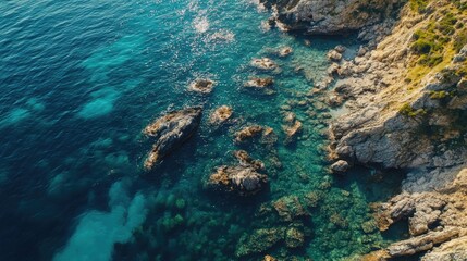 Obraz premium Rocky coastline with blue water and clear visibility of underwater life.