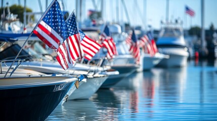 American Flags Flying Proudly on Boats Docked in the Marina on Sunny Day