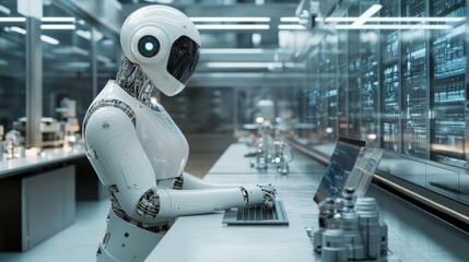 Robotic Tester in High-Tech Lab with Glass Walls and Modern Equipment