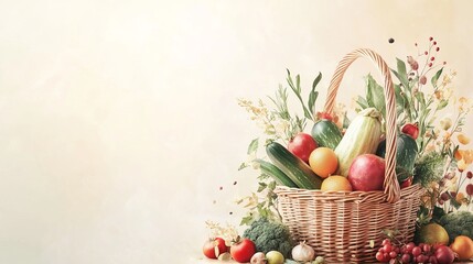 Vibrant Basket Overflowing with Fresh Seasonal Fruits and Colorful Vegetables Showcasing Natural Abundance