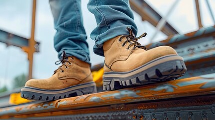 A close up view of work boots on a rusty beam