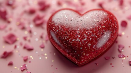 Obraz premium A red heart box lies on pink, surrounded by confetti, a romantic scene.