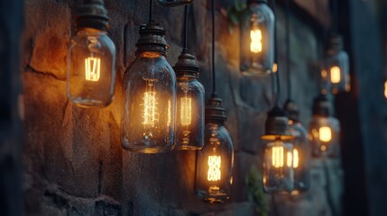 Fototapeta premium Rustic mason jar lights illuminate stone wall backdrop, outdoor event