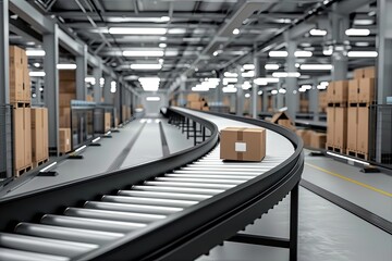 Obraz premium A cardboard box moves on a conveyor belt in a warehouse