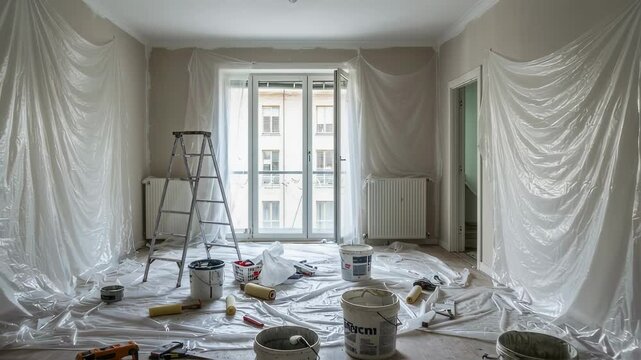 A partially renovated room with plastic covers, paint buckets, and tools scattered across the floor. The unfinished walls and ladder suggest ongoing home improvement