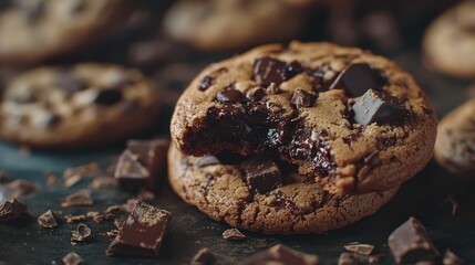 Fototapeta premium Delicious chocolate chip cookie, bitten, on dark surface, with more cookies & chocolate