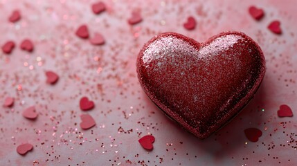 Fototapeta premium A red heart gift box on pink, with glitter confetti, a festive scene.