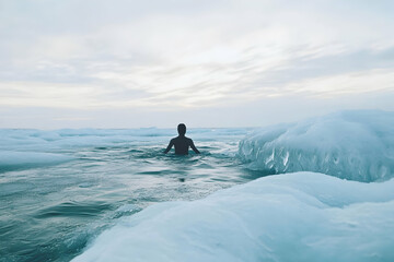 Naklejka premium Woman swimming in icy Baltic Sea surrounded by frozen landscapes