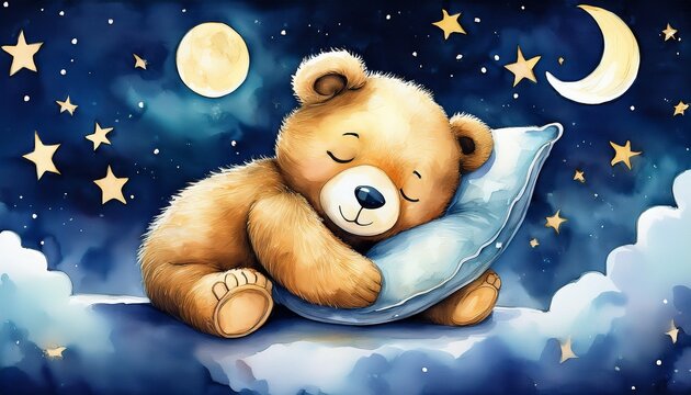 Dreamy watercolor illustration of a sleepy teddy bear cuddling a moon-shaped pillow, soft pastel tones, cozy bedtime scene, gentle and calming style