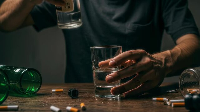 A man&rsquo;s hands pour clear alcohol into a glass, surrounded by cigarettes and empty bottles. The scene conveys themes of excess, addiction, and self-destruction