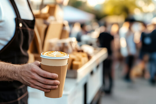 Barista holding coffee cup with latte art at outdoor market. Busy setting with people milling about. Concept coffee culture, community gatherings, food vendors