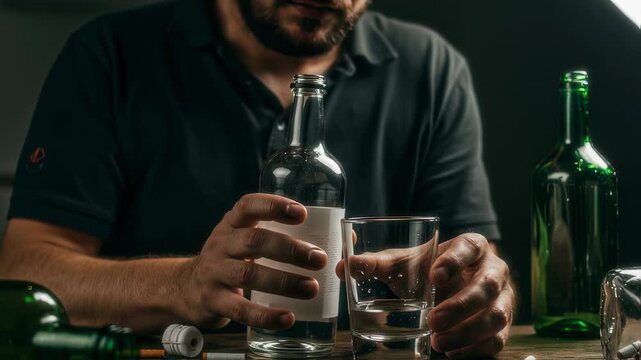 A close-up of a man&rsquo;s hands pouring alcohol into a glass on a cluttered table. The dim lighting and scattered objects hint at addiction and self-destruction