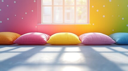 Colorful pillows in sunlit room.