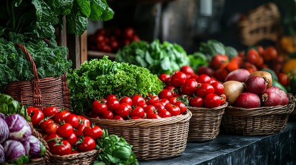Vibrant Assortment of Fresh Organic Vegetables Artfully Arranged on Rustic Wooden Table Surface