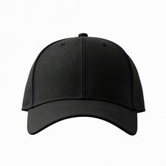 Fototapeta premium Blank black baseball cap mockup isolated on white background. Empty baseball hat template for design. Front view of headwear fashion accessory. Casual clothing wear with copy space for advertising.