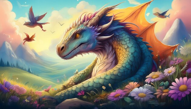 Dreamy whimsical children&rsquo;s book illustration of a giant friendly dragon curled up, soft fantasy style, magical atmosphere, warm glowing light