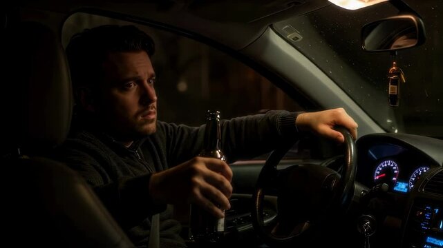 A troubled man sits in the driver&rsquo;s seat at night, holding a bottle of alcohol. His weary expression and dim car lighting suggest regret and reckless behavior
