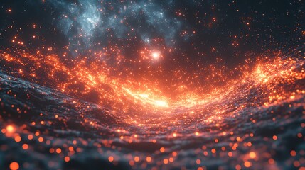 Fototapeta premium Fiery cosmic landscape with glowing particles.
