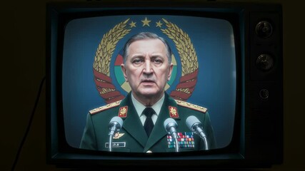 A military general delivers a serious speech on an old television screen, framed by an official emblem. His stern expression and formal uniform suggest a tense geopolitical situation