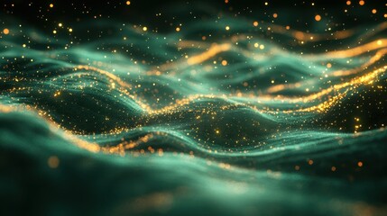 Radiant emerald green particles forming a futuristic wave, with golden light streaks adding depth and motion.