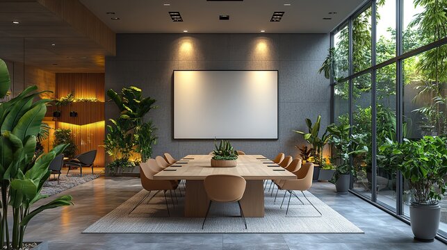A single black spotlight illuminates a modern conference room with a large blank canvas hanging on a grey wall above a light wooden table surrounded by beige chairs.