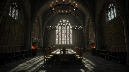 Grand medieval-style dining hall with gothic architecture, large chandeliers, and stained glass windows. Wooden tables and candlelit ambiance evoke a historic and majestic setting - Powered by Adobe