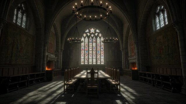 Grand medieval-style dining hall with gothic architecture, large chandeliers, and stained glass windows. Wooden tables and candlelit ambiance evoke a historic and majestic setting