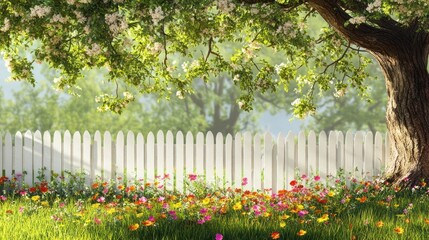 Obraz premium Spring garden under blooming tree, white picket fence, vibrant flowers, peaceful scene, perfect for spring catalogs, gardening inspiration