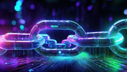 A vibrant depiction of glowing interconnected blockchain links in a futuristic setting.