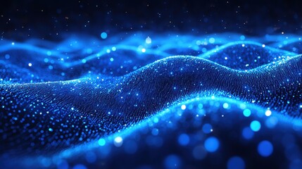 Abstract technology-inspired blue particle wave, resembling a neural network, with shimmering dots forming intricate data streams.
