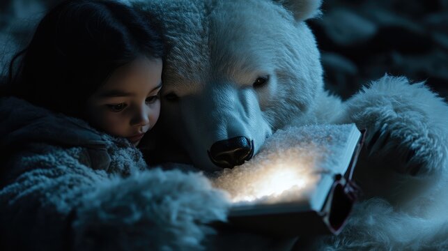 A child and teddy bear share a magical book - Powered by Adobe