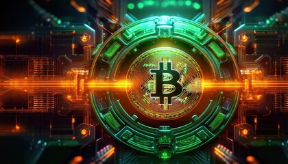 Digital currency symbols illuminate a high-tech landscape of blockchain networks.