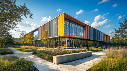 Fototapeta premium Contemporary Architecture in Urban Environment: Modern Building with Glass Facade and Green Space in Business District