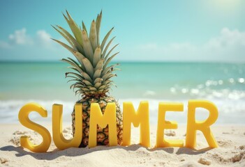 Pineapple with golden SUMMER text on pristine sunlit beach