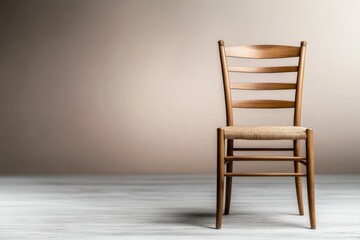 Minimalist wooden chair stands alone against soft gradient backg