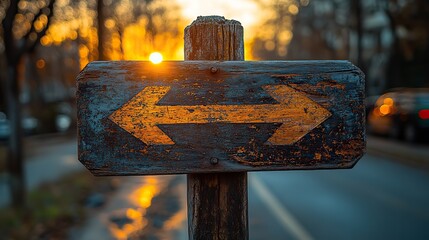 A sunset's orange sky, a double arrow points in opposite directions, symbolizing a tough decision or FOMO.