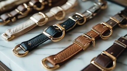 a set of luxury pet collars and leashes displayed on a marble surface