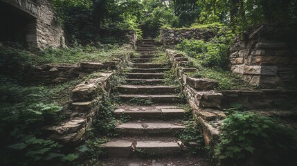 Overgrown Stone Stairway Leading into Lush Green Forest Scenery