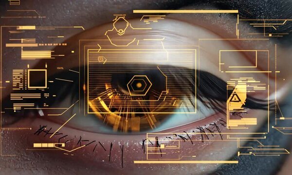 A highly detailed cybernetic eye with futuristic digital enhancements and biometric scanning effects. Ideal for AI, cybersecurity, and sci-fi concepts