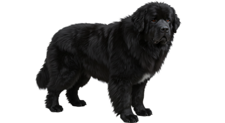 Standing Black Dog Large Breed with Thick Fur on White Background