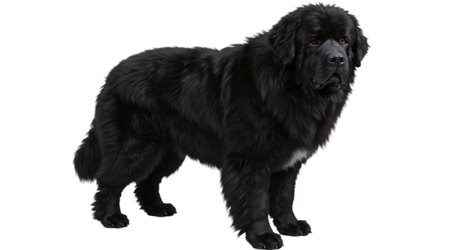 Standing Black Dog Large Breed with Thick Fur on White Background