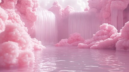 Pink Pastel Waterfall in a Dreamlike Cloud Landscape
