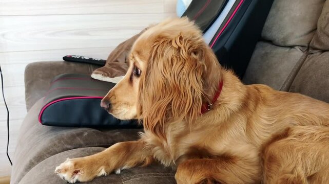 Dog is laying on a couch with its head on a remote. The dog appears to be relaxed and comfortable