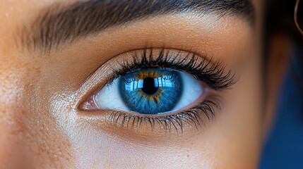 Obraz premium A woman's eye, macro close,up, shows intricate details, iris, pupil, lashes, skin,highlighting beauty and vision health.