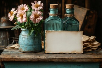 Rustic still life with pink flowers and vintage bottles on wooden table
