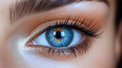 Obraz premium A woman's eye, macro close,up, shows perfect eyebrows, long lashes, healthy skin, and natural beauty, highlighting vision care and cosmetology.