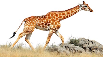 Naklejka premium Giraffe walking on savanna, isolated on white.