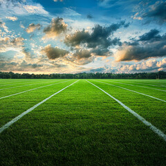 Obraz premium Vibrant sunset over an American football field with dramatic clouds and sunlight. Banner for sports, outdoor competition, and game-day excitement themes.Generative ai