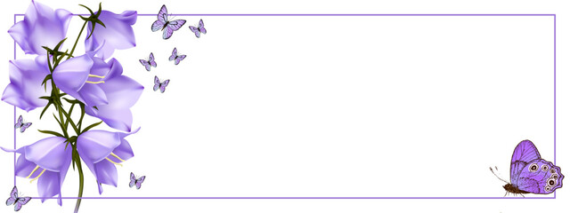 purple butterfly flies against a lilac campanula background and there are many butterflies on the horizon with a frame on a transparent background.Close-up,isolated,macro